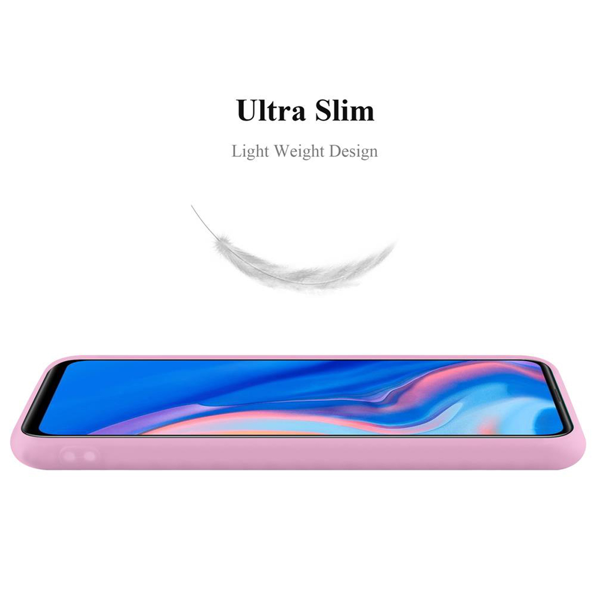 Una custodia per telefono rosa con un telefono all'interno. Una piuma bianca fluttua nell'aria sopra di essa.