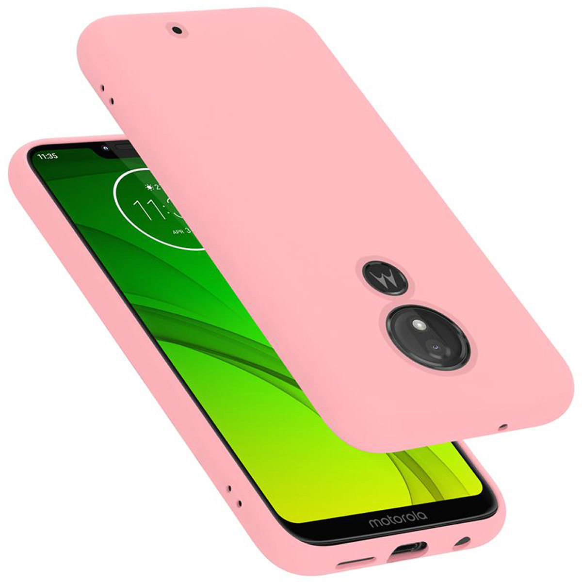 Una custodia per telefono rosa con un telefono Motorola all'interno. Il telefono mostra l'ora.