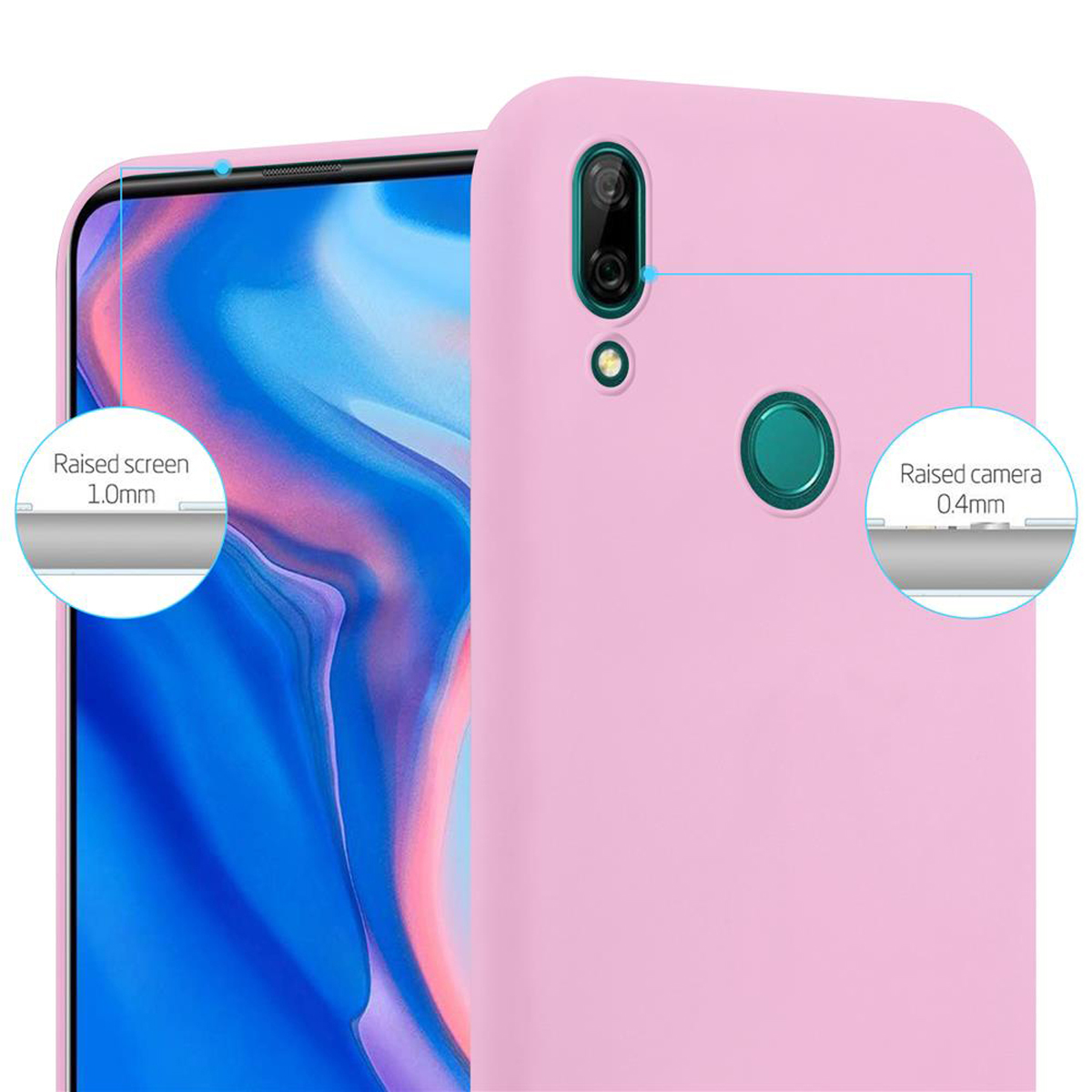 Custodia per telefono rosa con aree schermo e fotocamera rialzate.