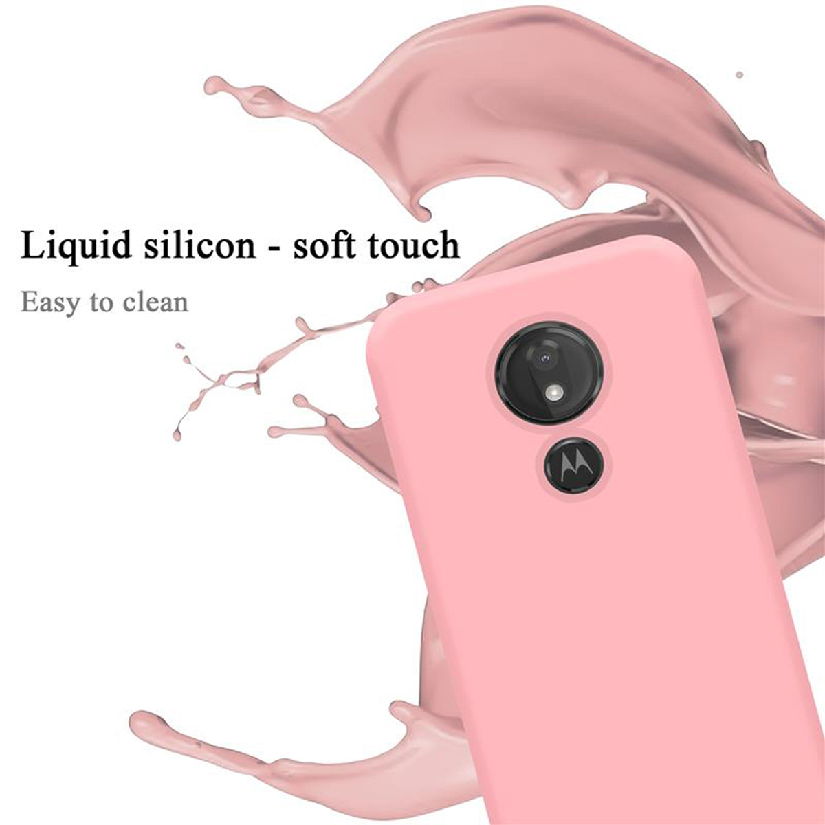Custodia rosa per telefono. Tocco morbido. Fotocamera circolare con un pulsante. Silicone liquido.