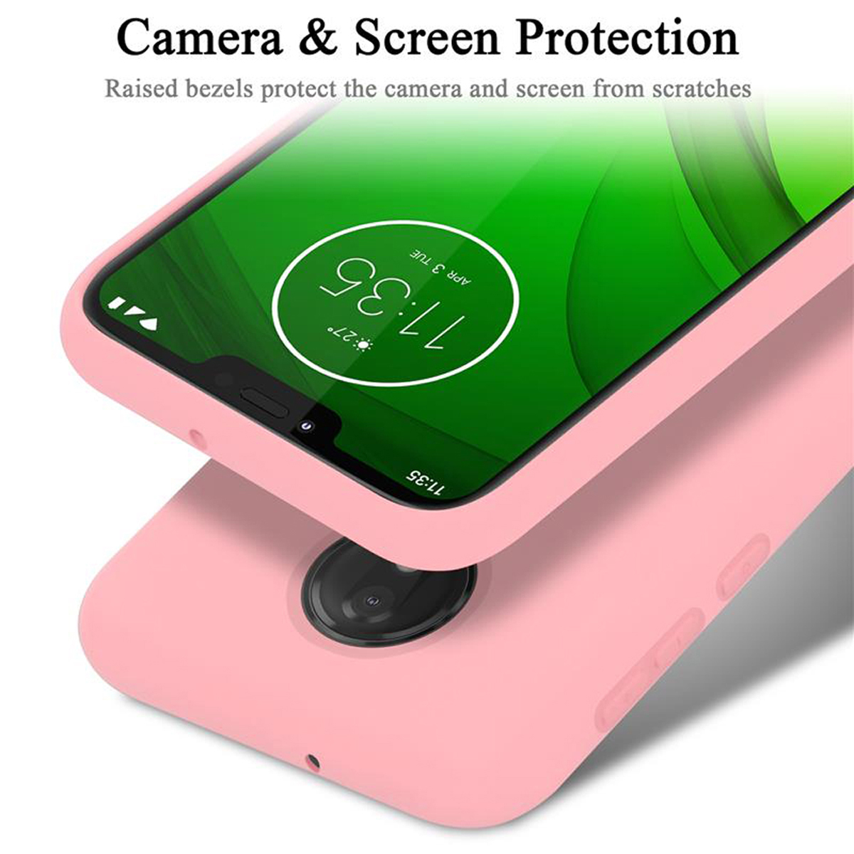 Primo piano di un telefono in una custodia rosa. Focus sullo schermo e sulla protezione della custodia.