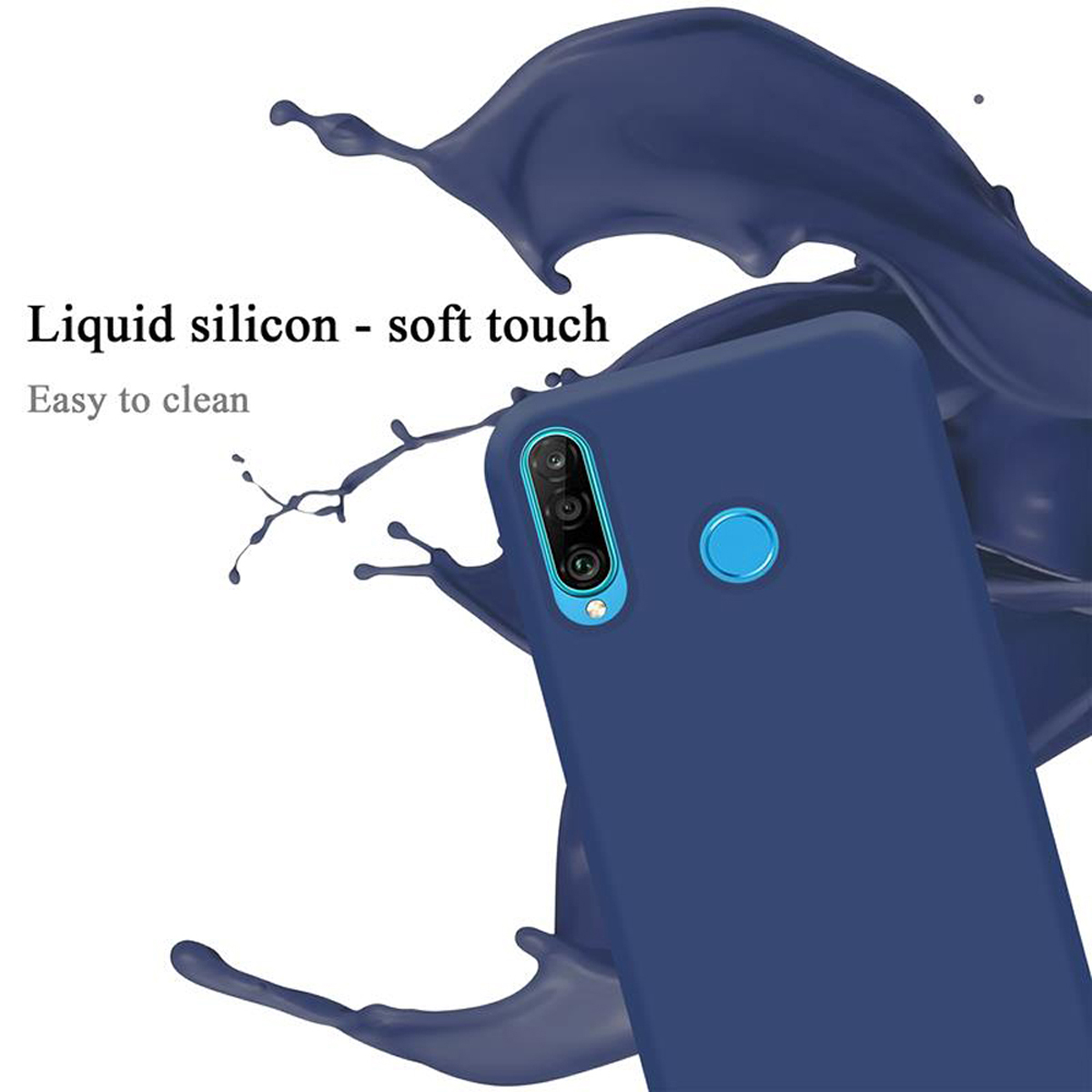 Custodia blu con effetto splash. Testo: Silicone liquido - soft touch. Facile da pulire.
