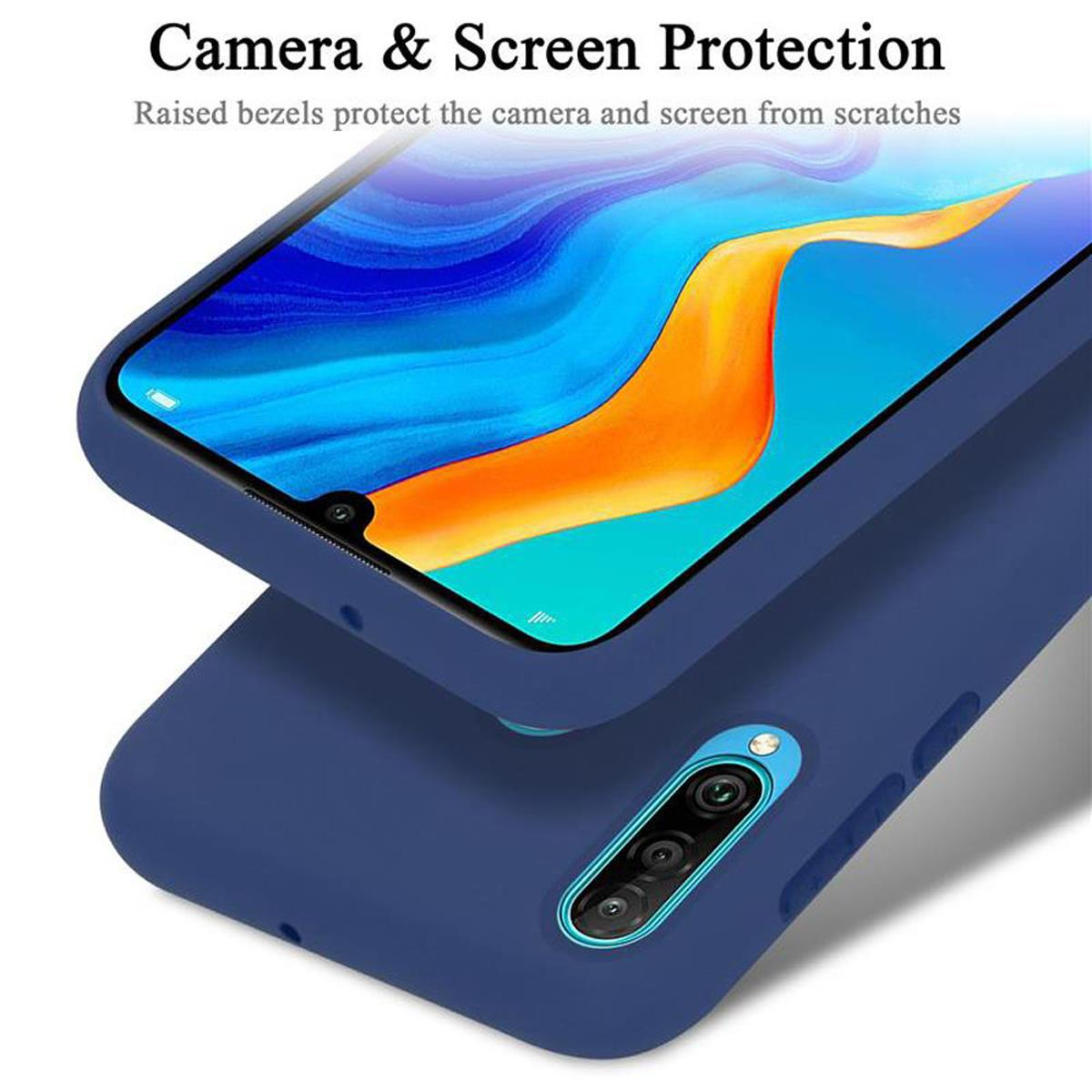 Custodia del telefono blu, che protegge la fotocamera e lo schermo.