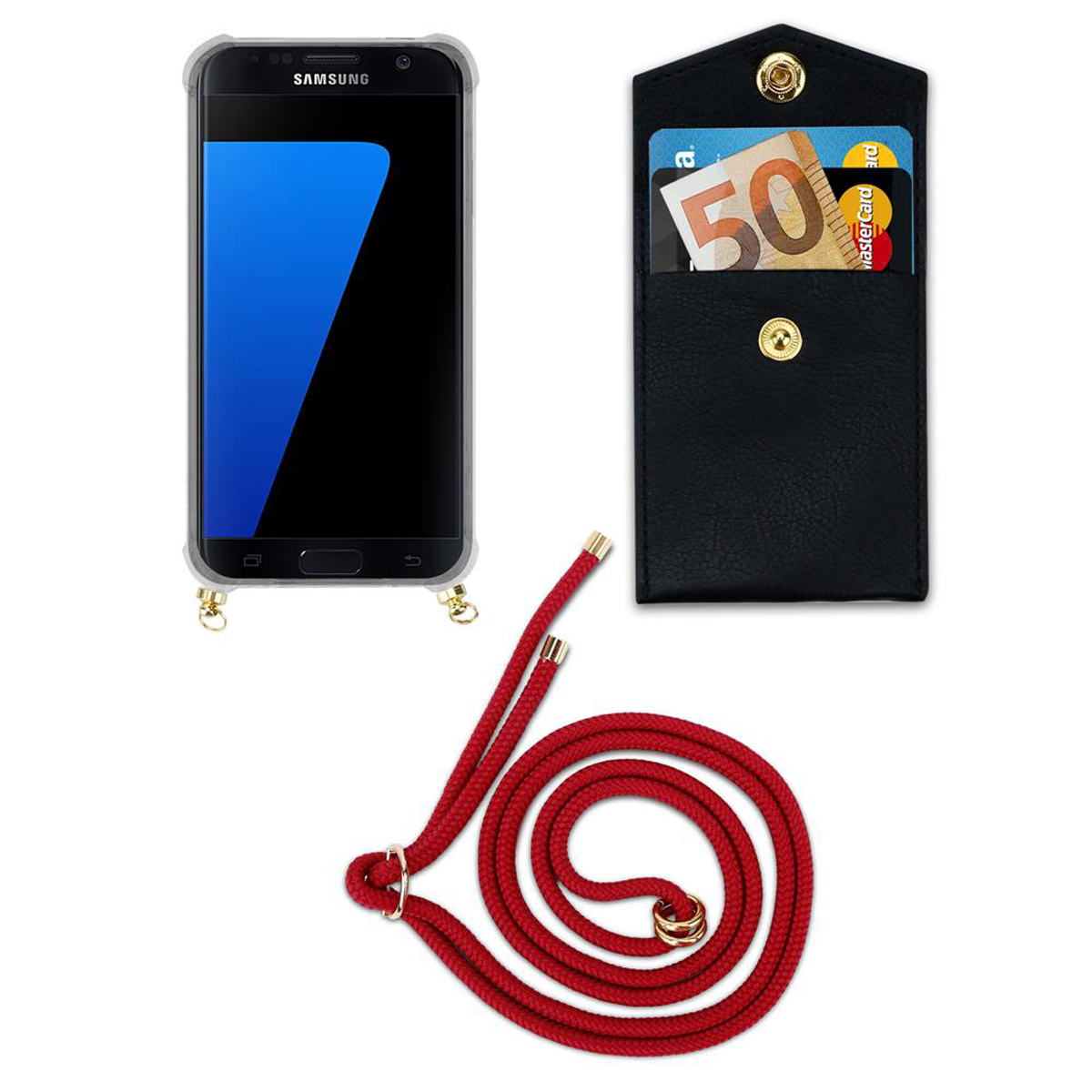 Un telefono, un portafoglio e un cordino rosso su bianco. Il portafoglio ha carte. La custodia del telefono è trasparente.