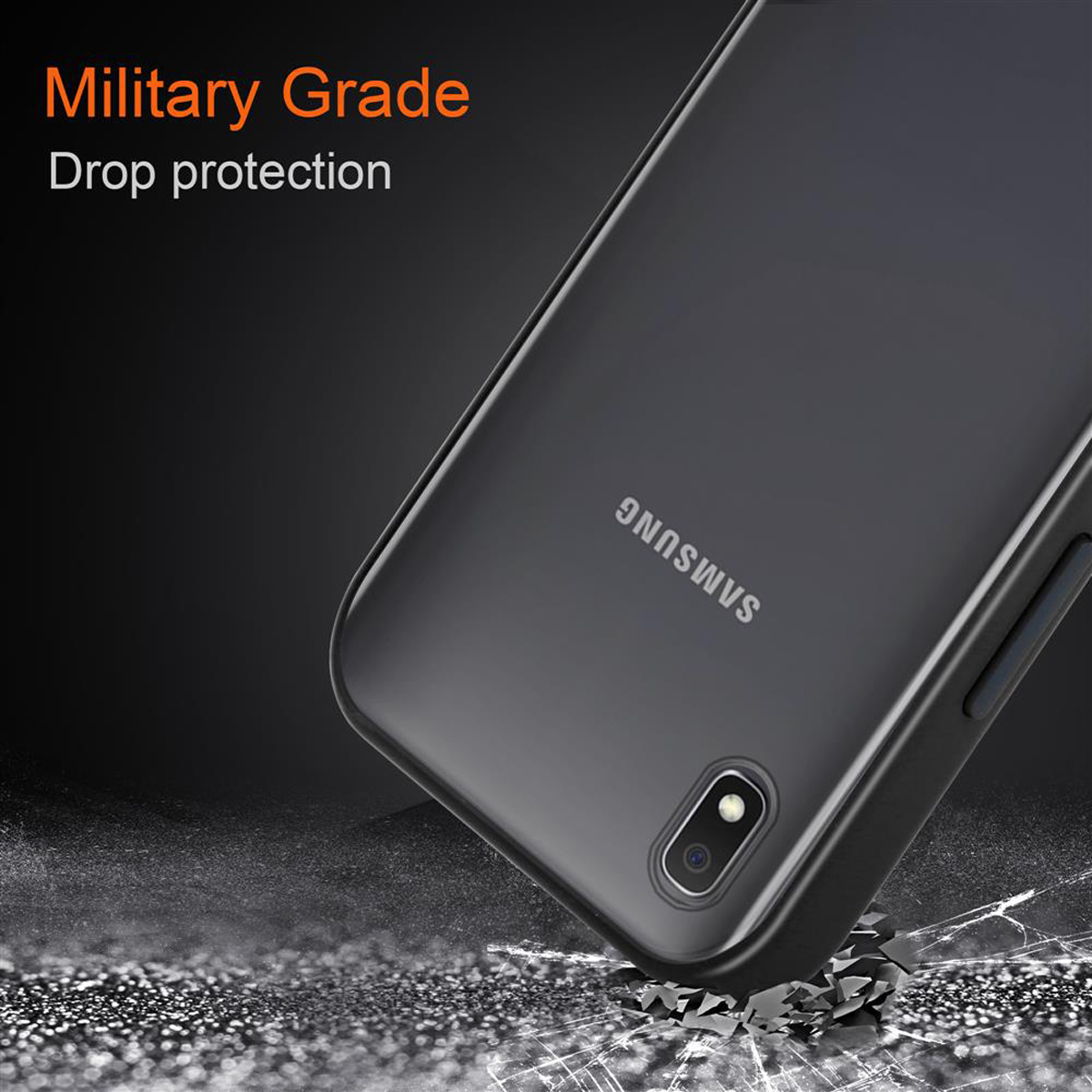 Eine schwarze Handyhülle mit einem Samsung-Telefon und einem Sturzschutz-Design. Der Hintergrund ist dunkel.