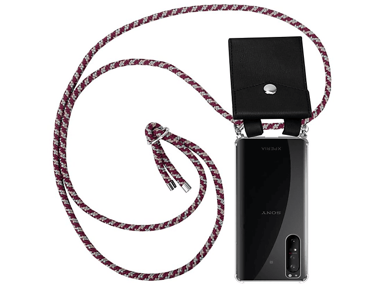 CADORABO Handy Kette mit Silber Ringen, Kordel Band und abnehmbarer Hülle, Backcover, Sony, Xperia 1 II, ROT GELB WEIß
