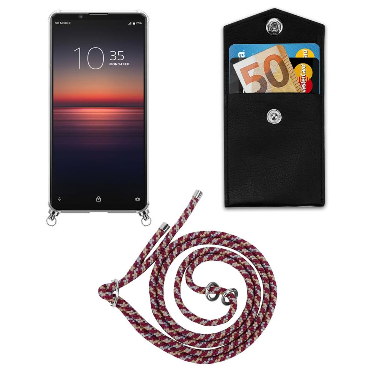 abnehmbarer und ROT Xperia Ringen, Kette Silber 1 mit Handy CADORABO Band WEIß GELB Hülle, Sony, II, Backcover, Kordel