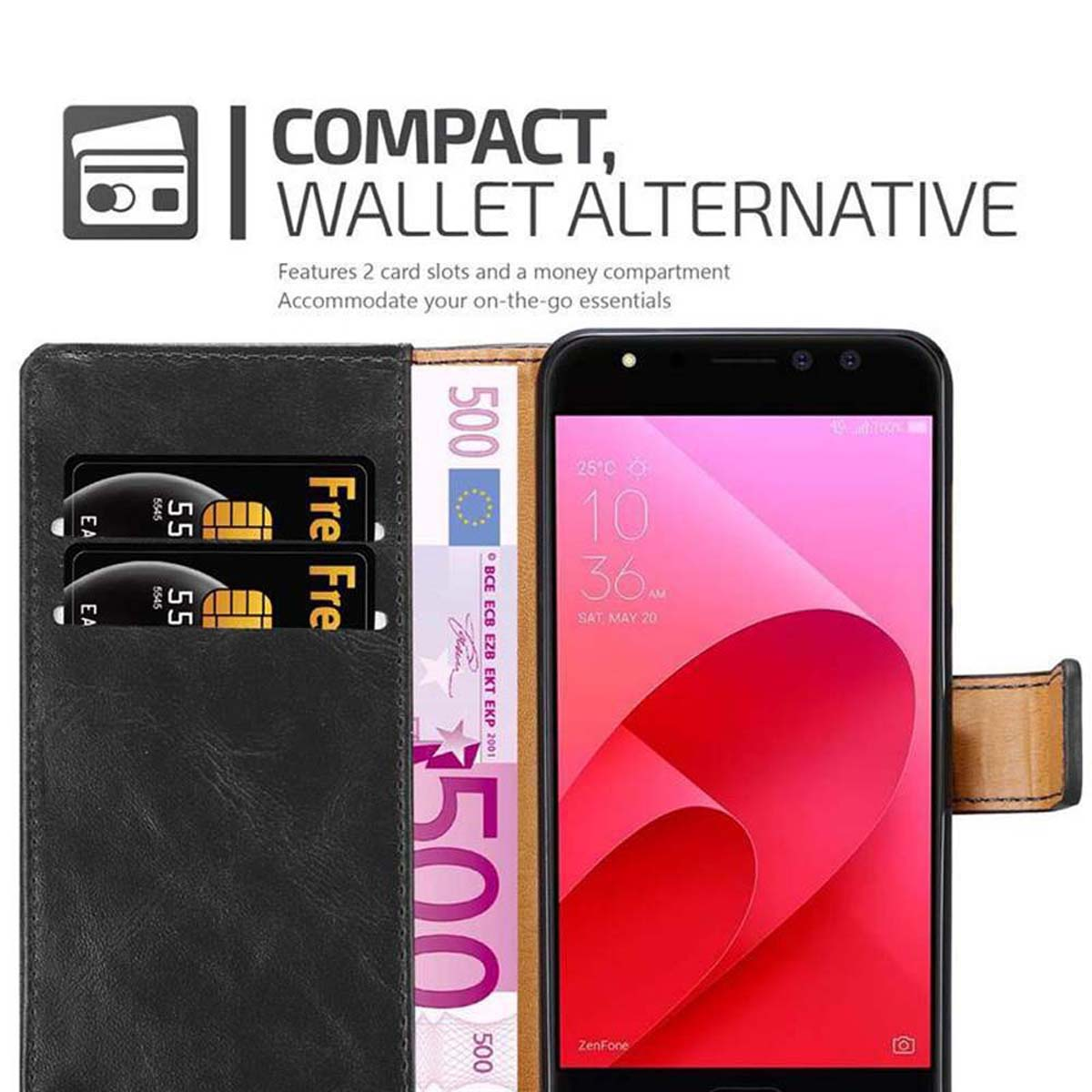 Telefono in una custodia a portafoglio, con scomparto per carte e scomparto per denaro.