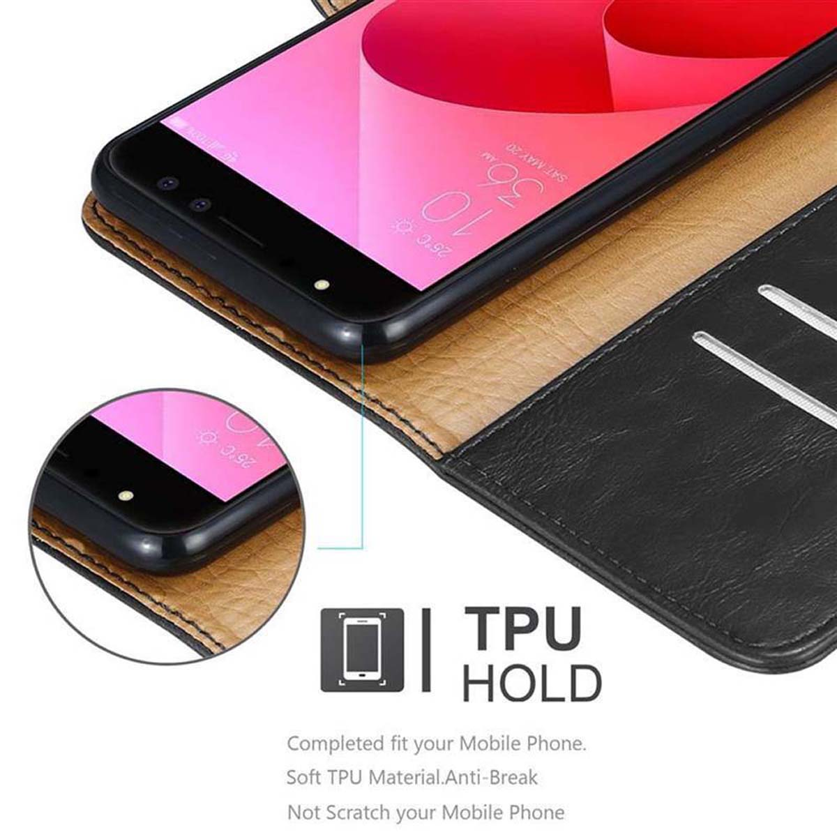 Un telefono in una custodia marrone, con un primo piano dello schermo e un'illustrazione della custodia.