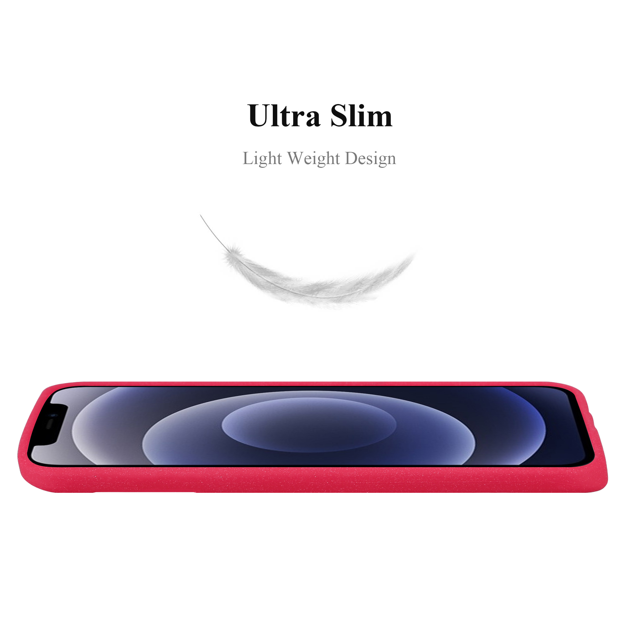 Custodia rossa per telefono con telefono. Sfondo bianco con testo e una piuma fluttuante.