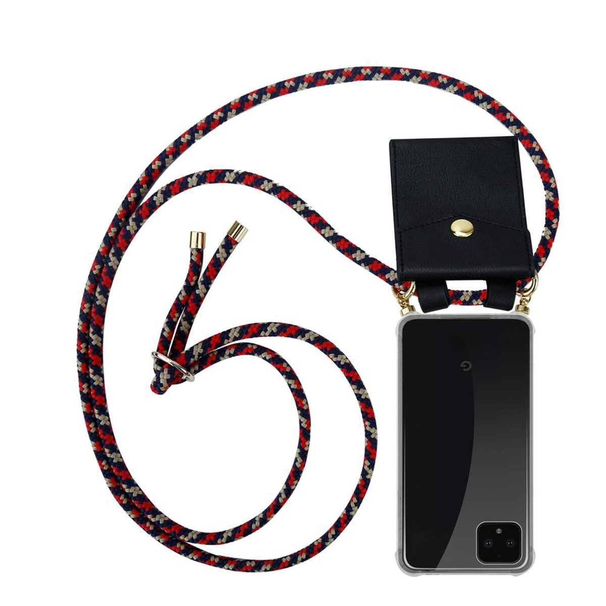 Telefon mit gemustertem Seil und schwarzem Etui. G-Logo sichtbar.