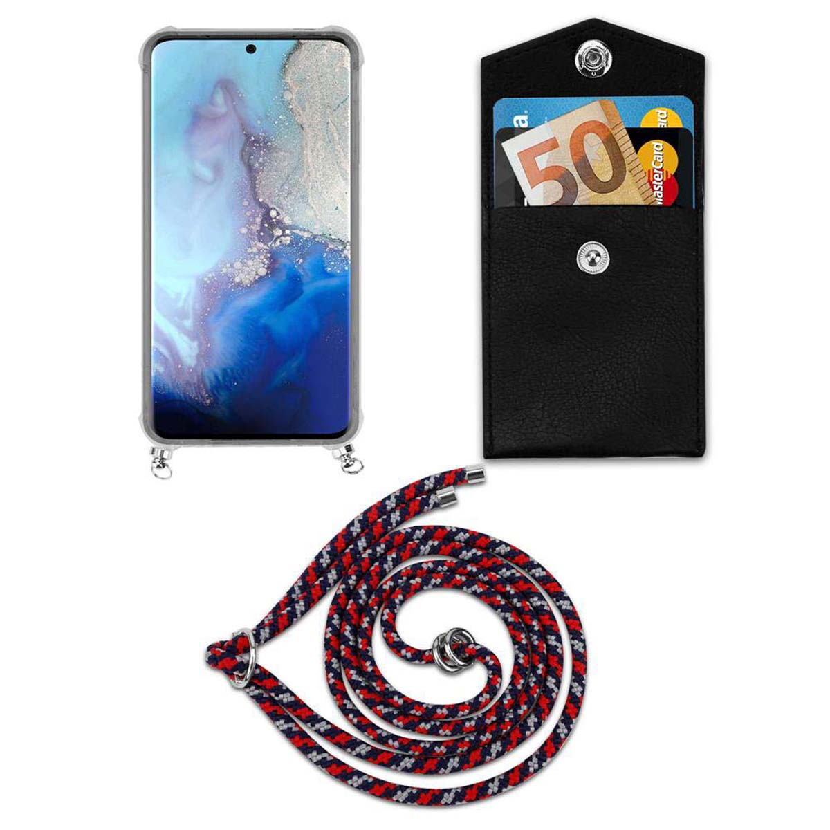 Un telefono con custodia a portafoglio nera e cordino rosso e nero. La custodia a portafoglio contiene una banconota da 50 euro.