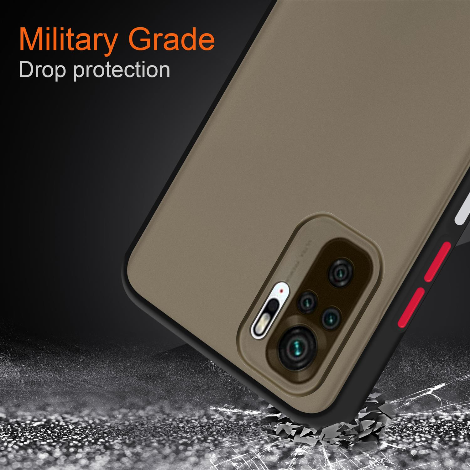 Die Rückseite einer Telefonhülle in brauner Farbe, mit dem Text "Military Grade Drop Protection".