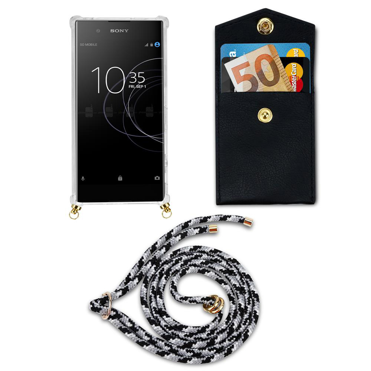Telefonhülle mit Telefon und Karten, mit einem Schlüsselband.