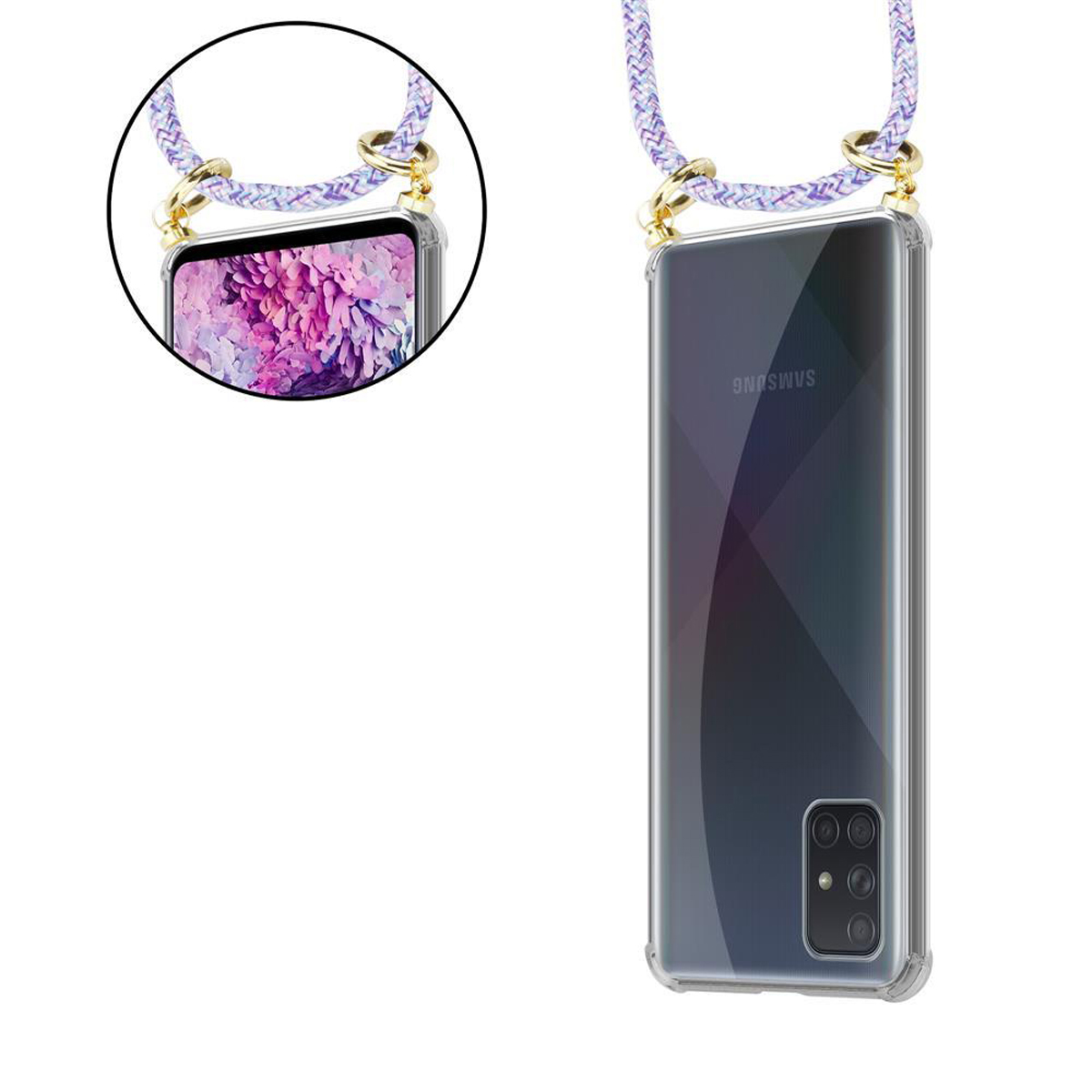 Telefono Samsung in una custodia trasparente con un cordino viola. Il cordino pende dalla parte superiore.