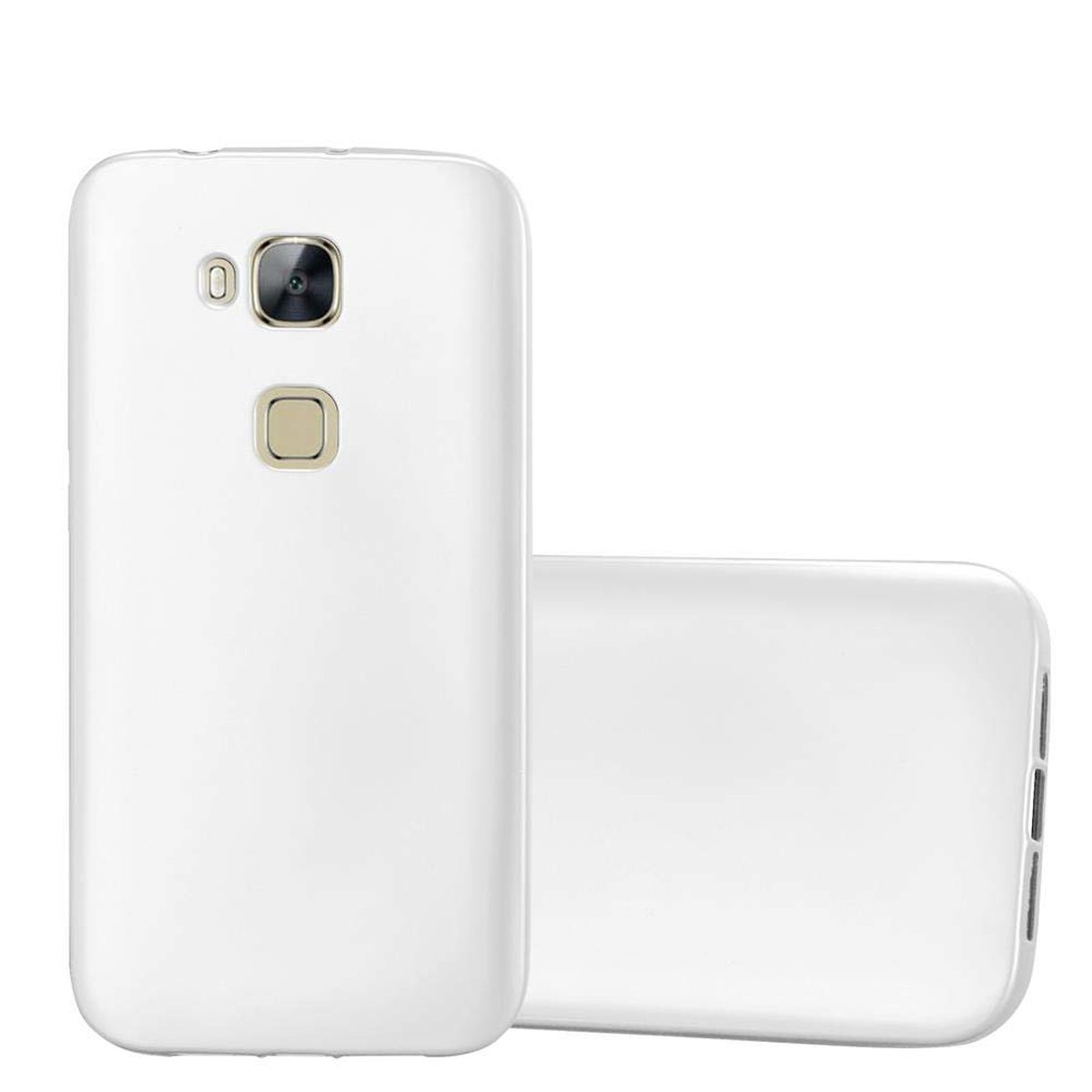Dos fundas de teléfono blancas, una de lado, otra tumbada. Ambas son del mismo color.
