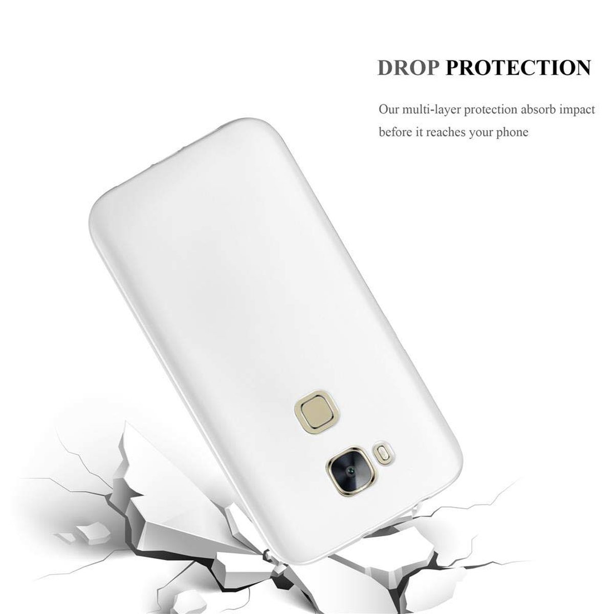 Funda blanca en el suelo con el texto 'DROP PROTECTION' y protección del teléfono.
