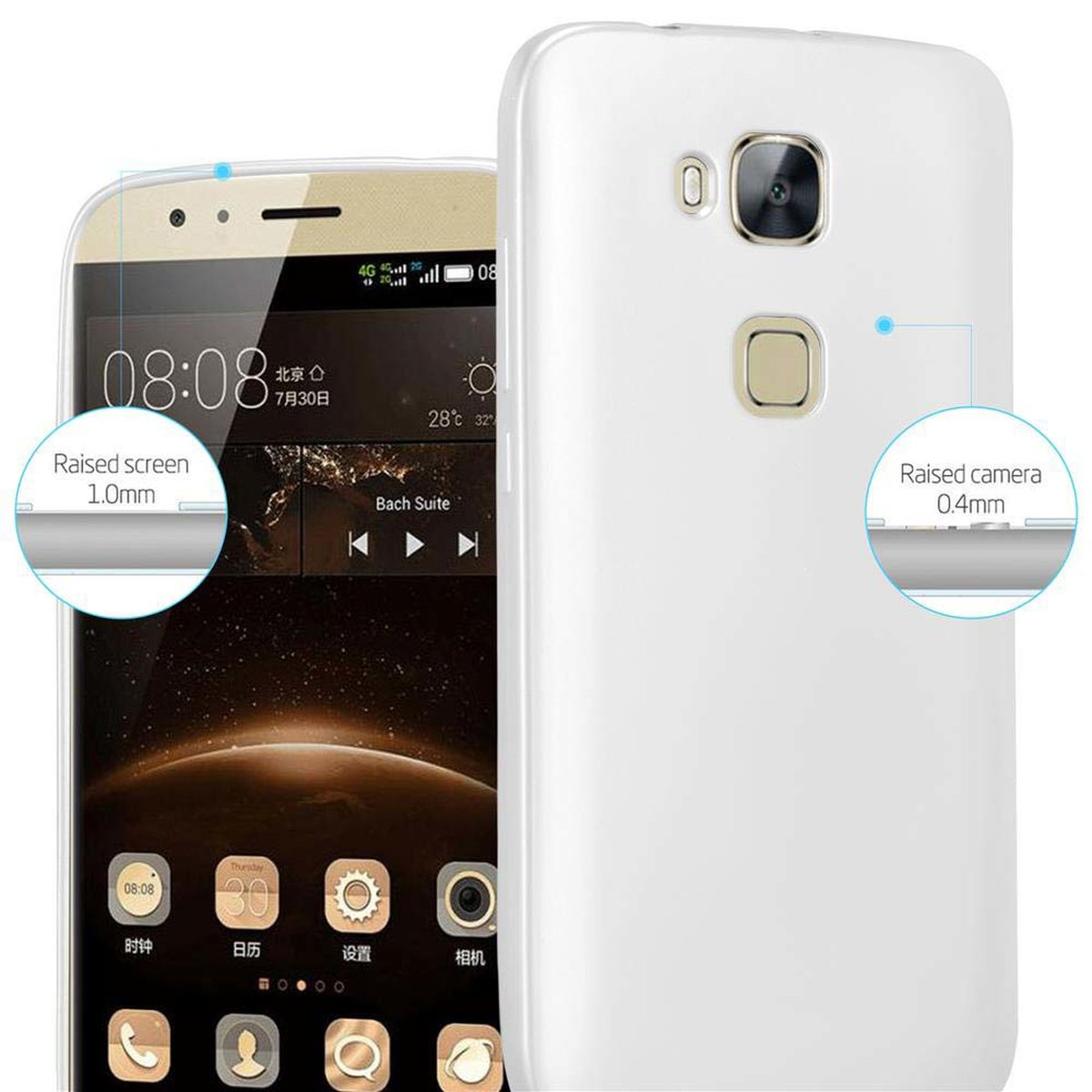Funda blanca para teléfono. Se resaltan detalles de pantalla y cámara elevados. Pantalla del teléfono visible.