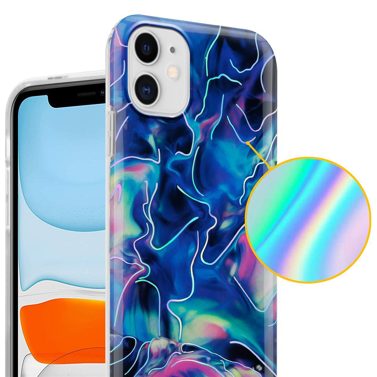 Una custodia per telefono con un design unico. Un dettaglio circolare mostra un riflesso colorato ingrandito.