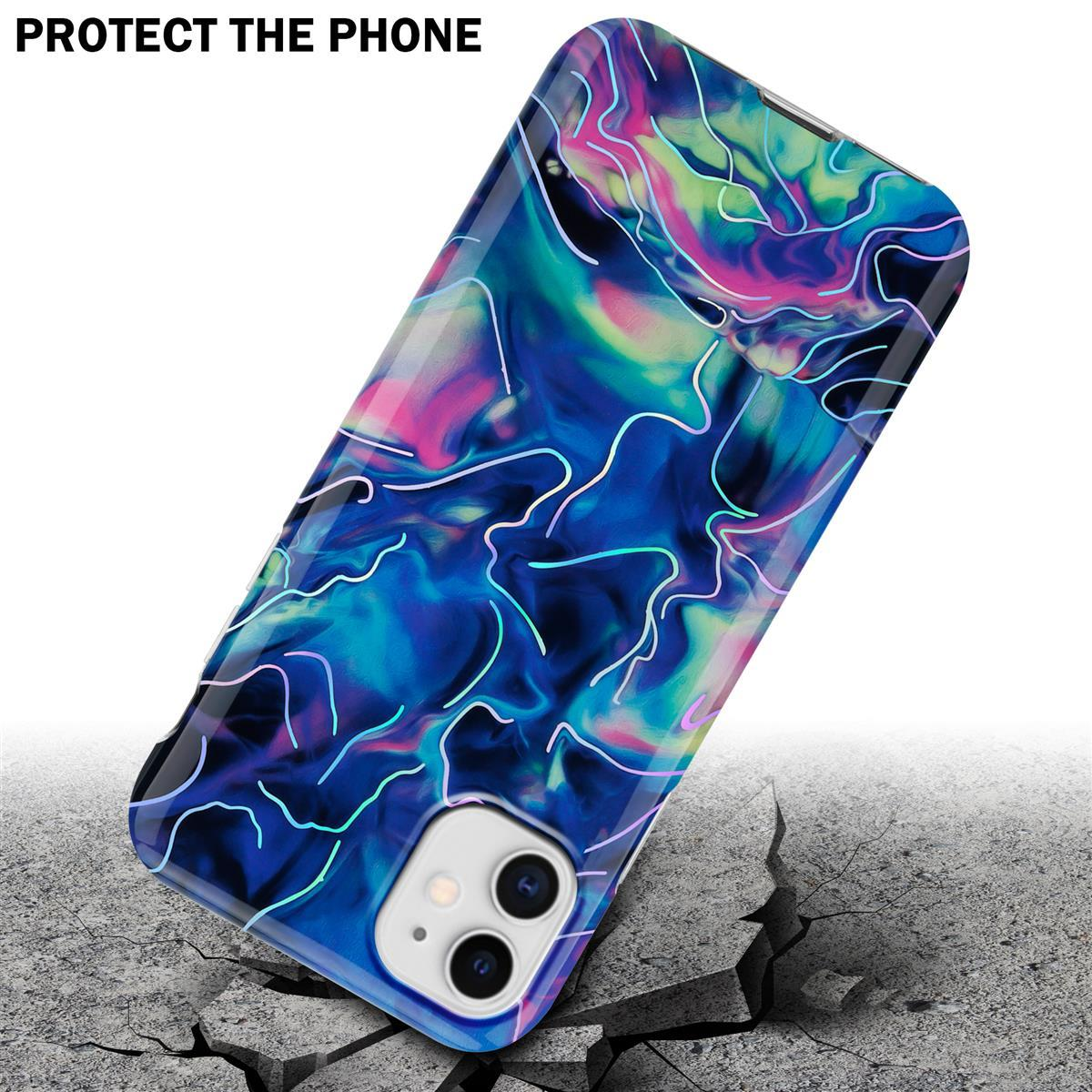 Custodia per telefono con un design astratto colorato, terreno incrinato intorno.