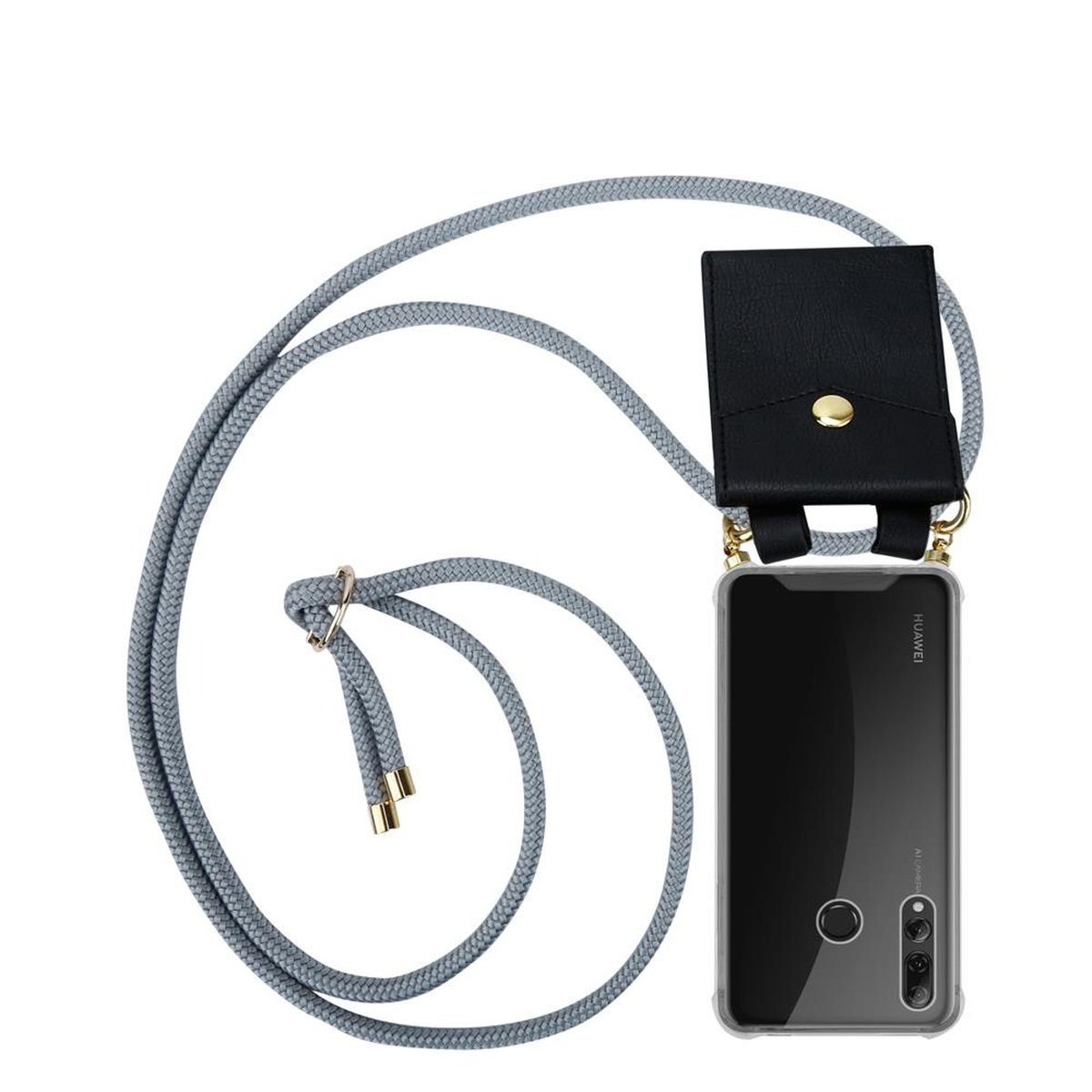 CADORABO Handy Kette mit Gold GRAU Kordel Backcover, Hülle, 2019, abnehmbarer Band Huawei, P PLUS SMART und Ringen, SILBER