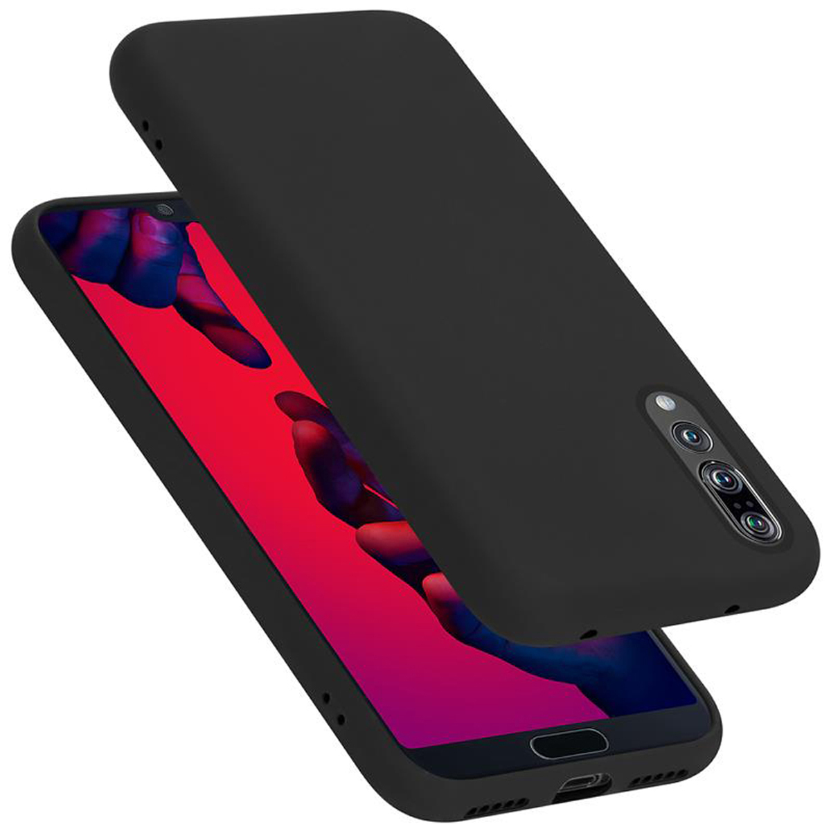 Schwarze Handyhülle und Telefon. Die Hülle ist offen und zeigt den Telefonbildschirm. Weißer Hintergrund.
