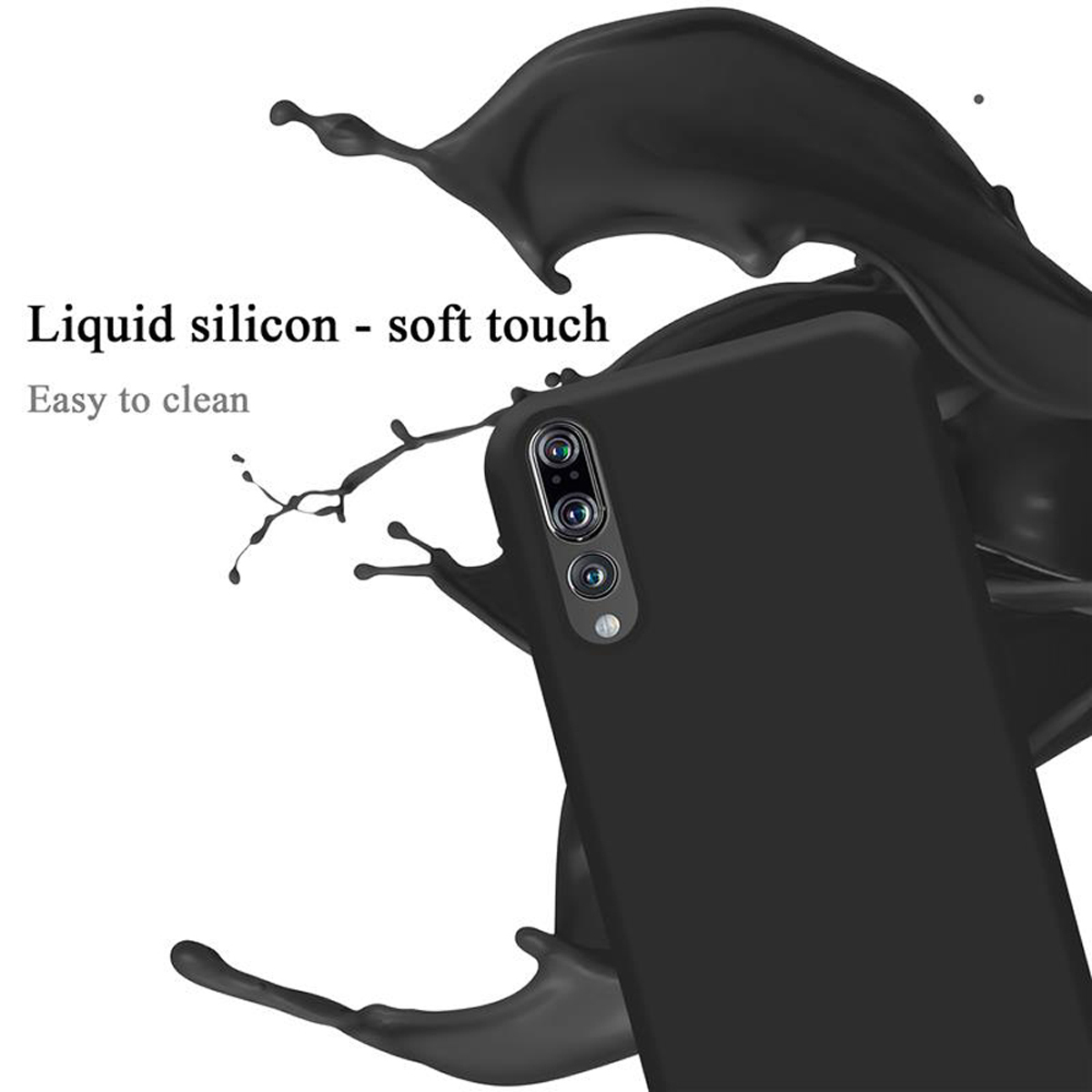 Eine schwarze Handyhülle mit einem schwarzen Flüssigkeitsspritzer. Weißer Hintergrund.