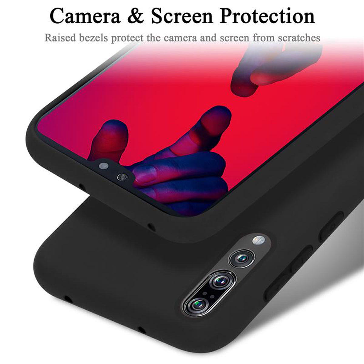 Eine schwarze Handyhülle mit einem Telefon darin. Die Hülle schützt Kamera und Bildschirm des Telefons. Roter Hintergrund.