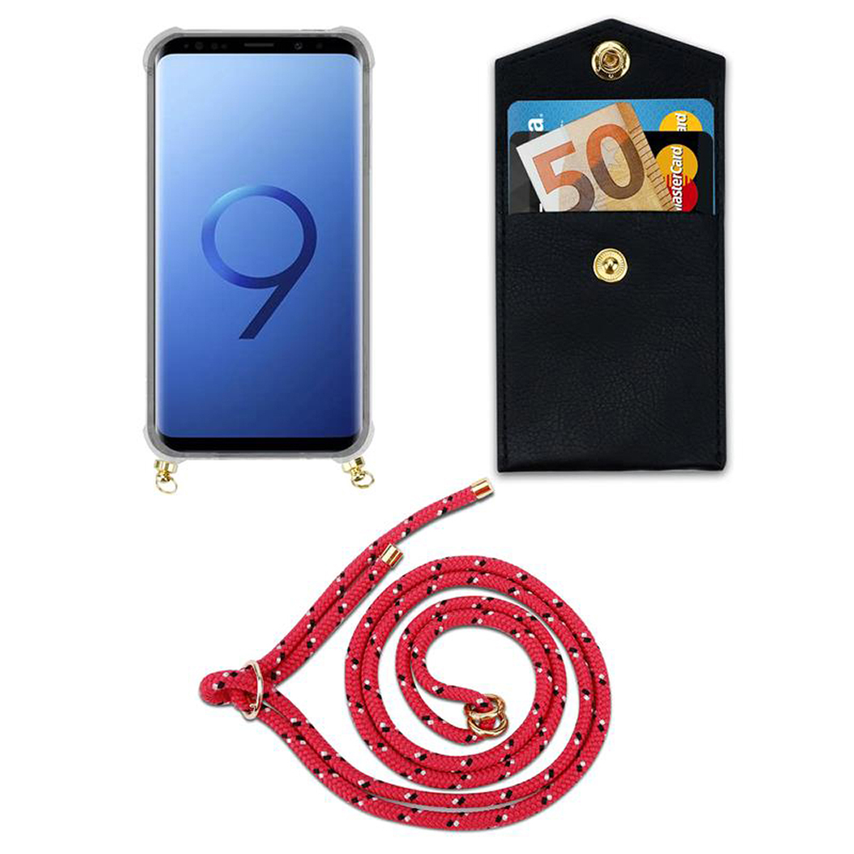 Handyhülle mit roter Kordel, Telefon und schwarzer Geldbörse mit Bargeld.
