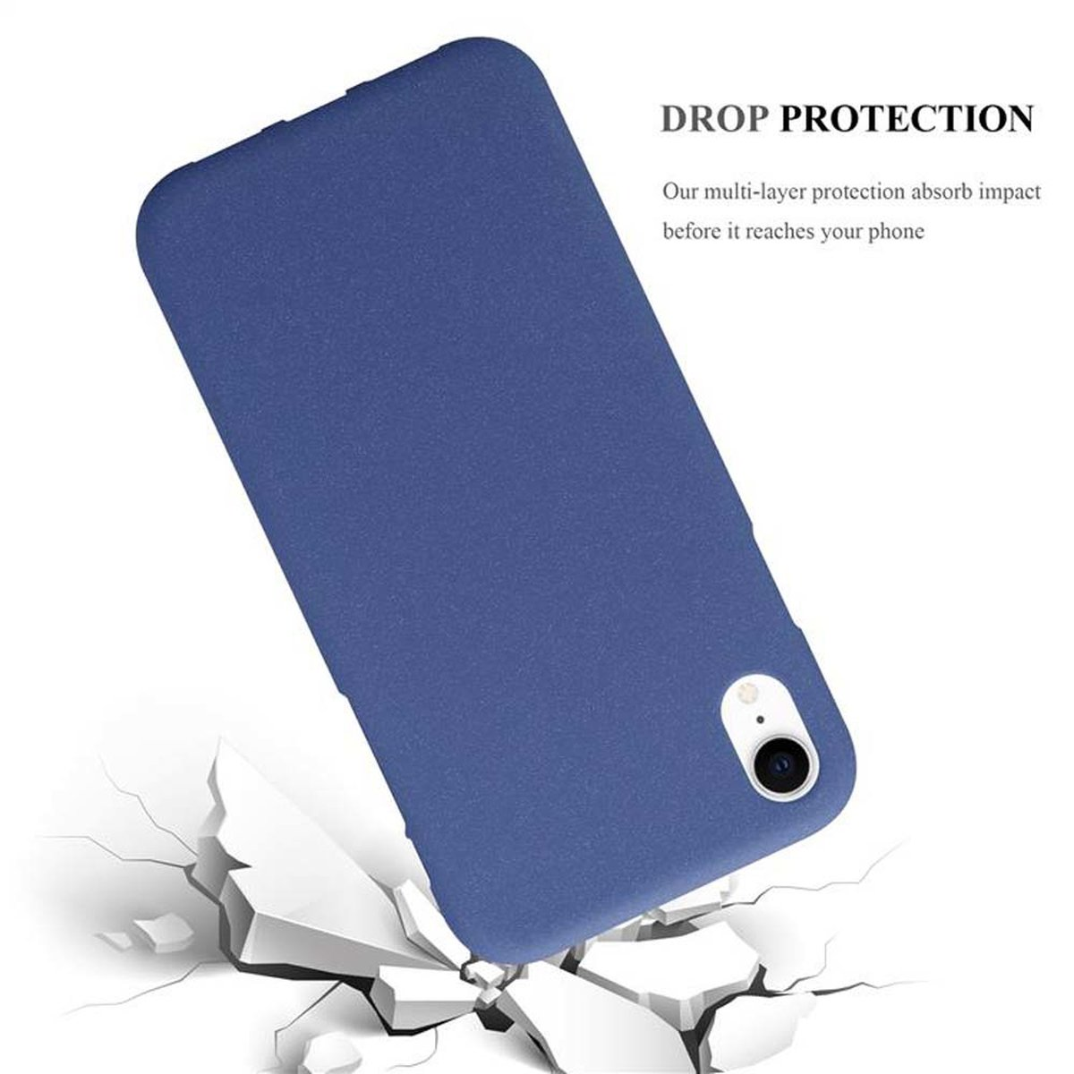 Una custodia blu che cade, mostrando la protezione dalle cadute con assorbimento degli urti prima di colpire il telefono.
