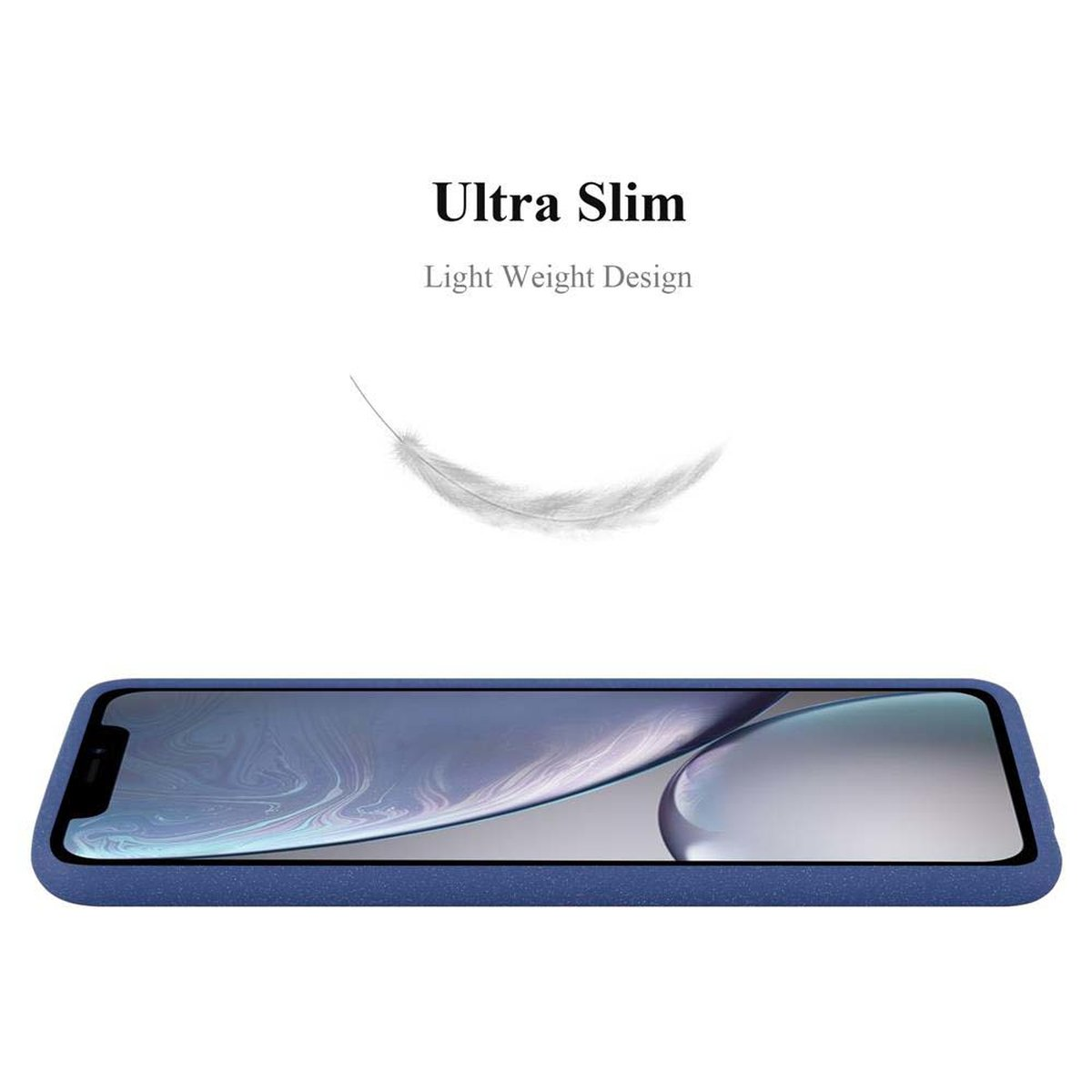 Telefono in custodia blu, piuma bianca e testo 'Ultra Slim'.