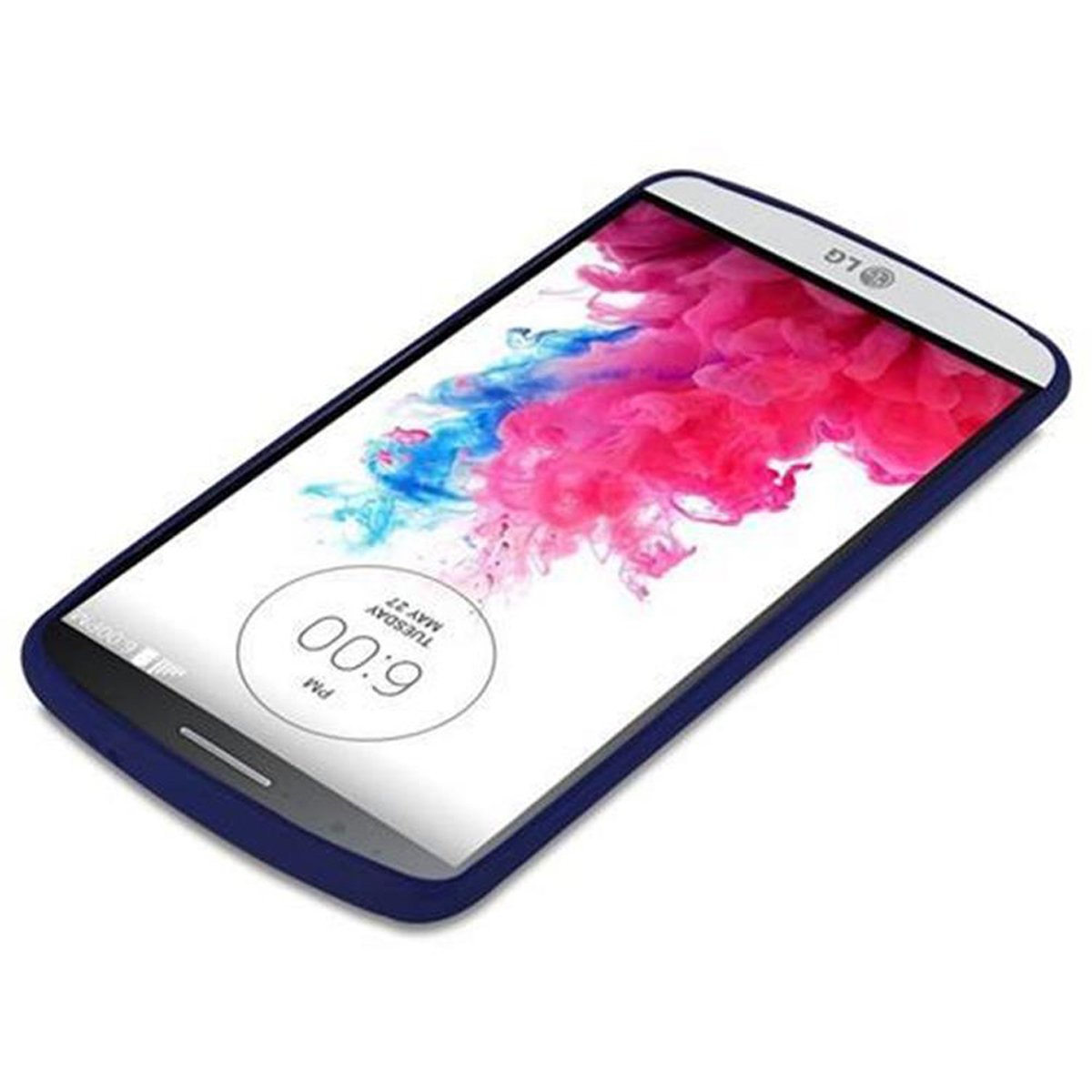 Telefon mit blauem Gehäuse. Der Bildschirm zeigt ein farbenfrohes, abstraktes Bild.