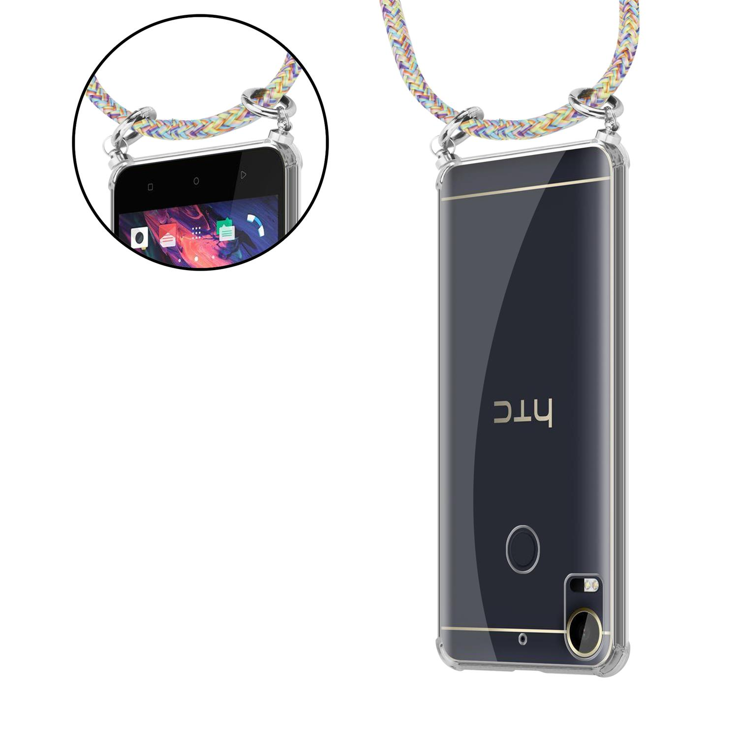 Telefon in einer transparenten Hülle mit geflochtenem Lanyard. Zeigt den Startbildschirm.