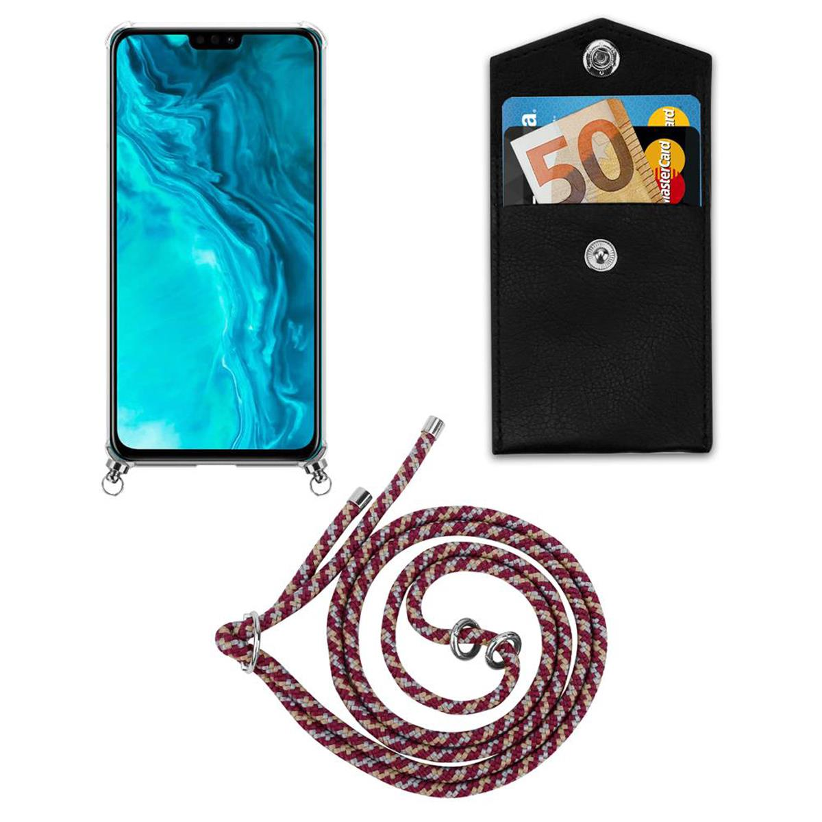 Telefono con schermo, custodia in pelle nera con carte e cinturino rosso e grigio.
