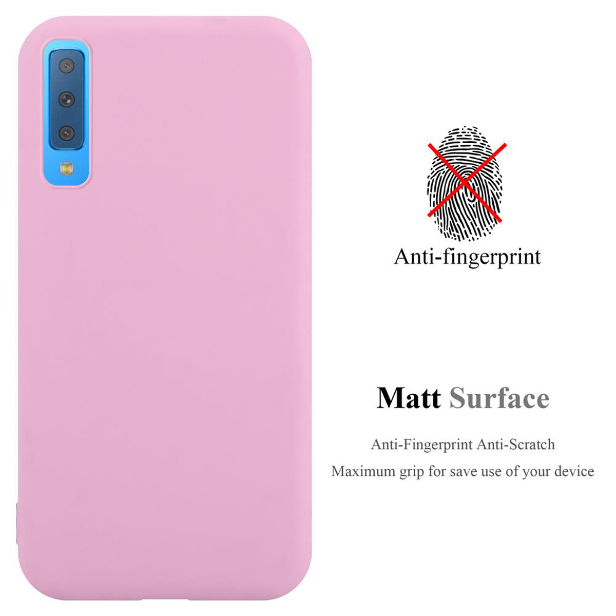 Una custodia rosa per telefono. Testo: Anti-impronta, Superficie opaca, Antigraffio, Massima presa.