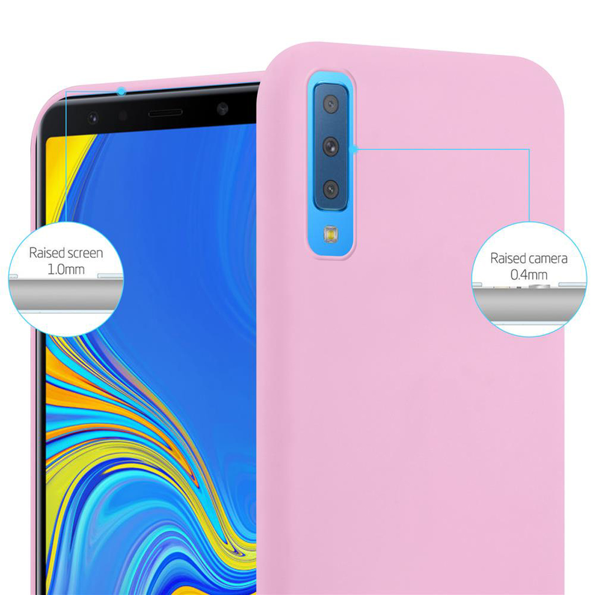 Primo piano di una custodia per telefono rosa con schermo e fotocamera rialzati e un telefono.