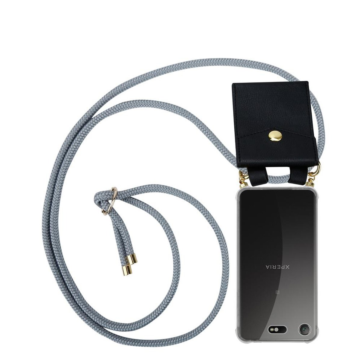 Ringen, und Band Sony, Kordel Kette abnehmbarer GRAU mit Xperia Gold Handy Hülle, XZ1 Backcover, SILBER COMPACT, CADORABO