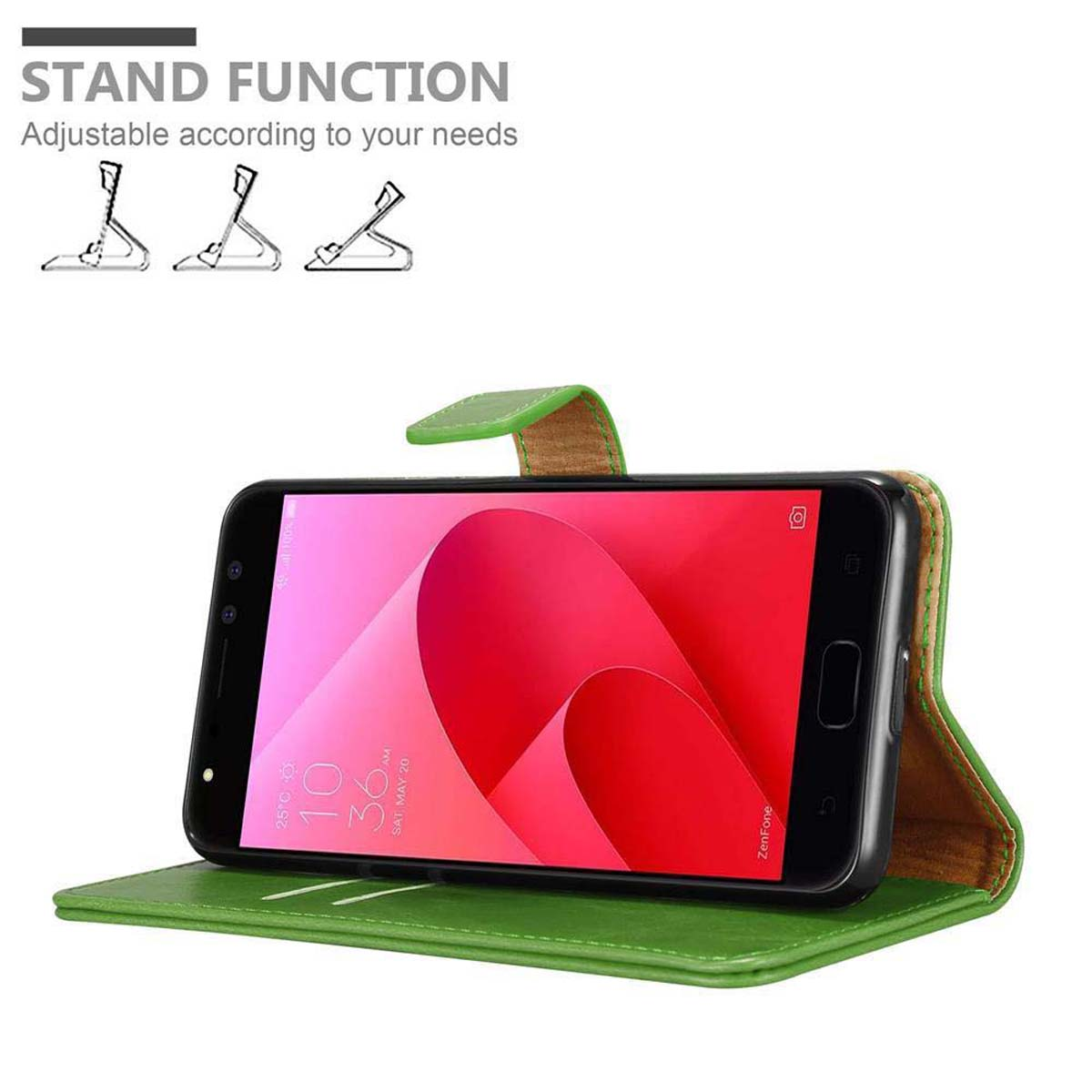 Ein Telefon in einer grünen Hülle ist geöffnet und zeigt den Bildschirm. Die Hülle hat eine Standfunktion. Die Zeit ist 10:36.
