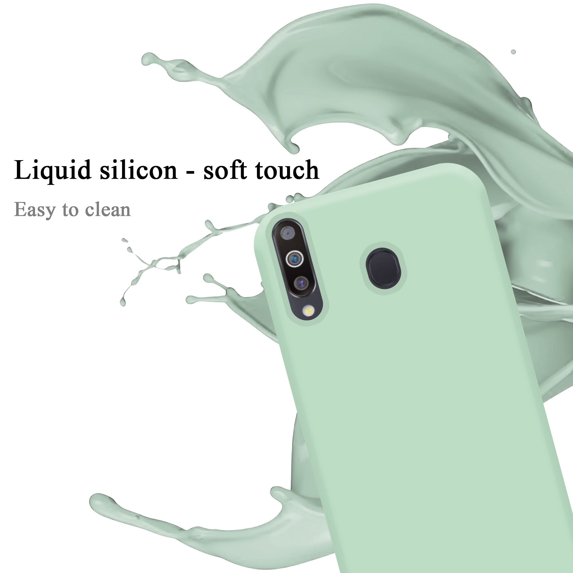 Custodia per telefono verde e spruzzo di liquido verde, il testo menziona silicone liquido.