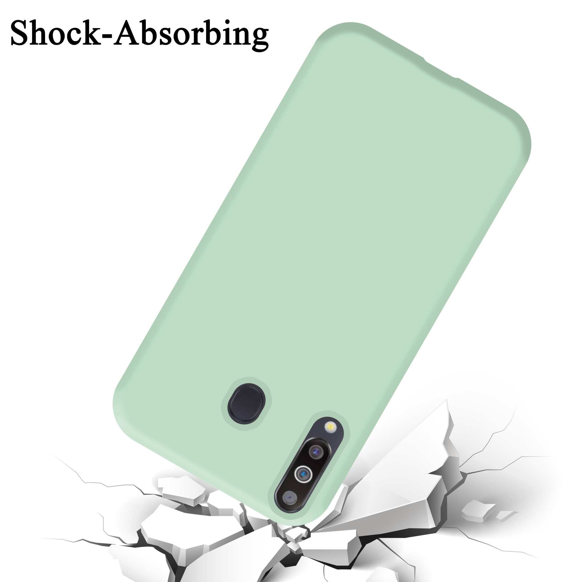 Una custodia per telefono verde chiaro viene mostrata mentre cade e rompe una superficie bianca. La custodia ha una fotocamera e un flash.