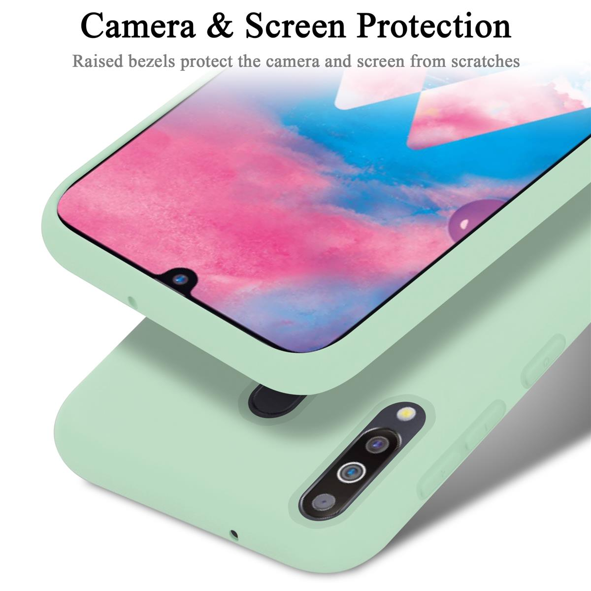 Custodia per telefono con telefono all'interno. Il testo dice Protezione fotocamera e schermo. La custodia è verde menta. Sfondo bianco.
