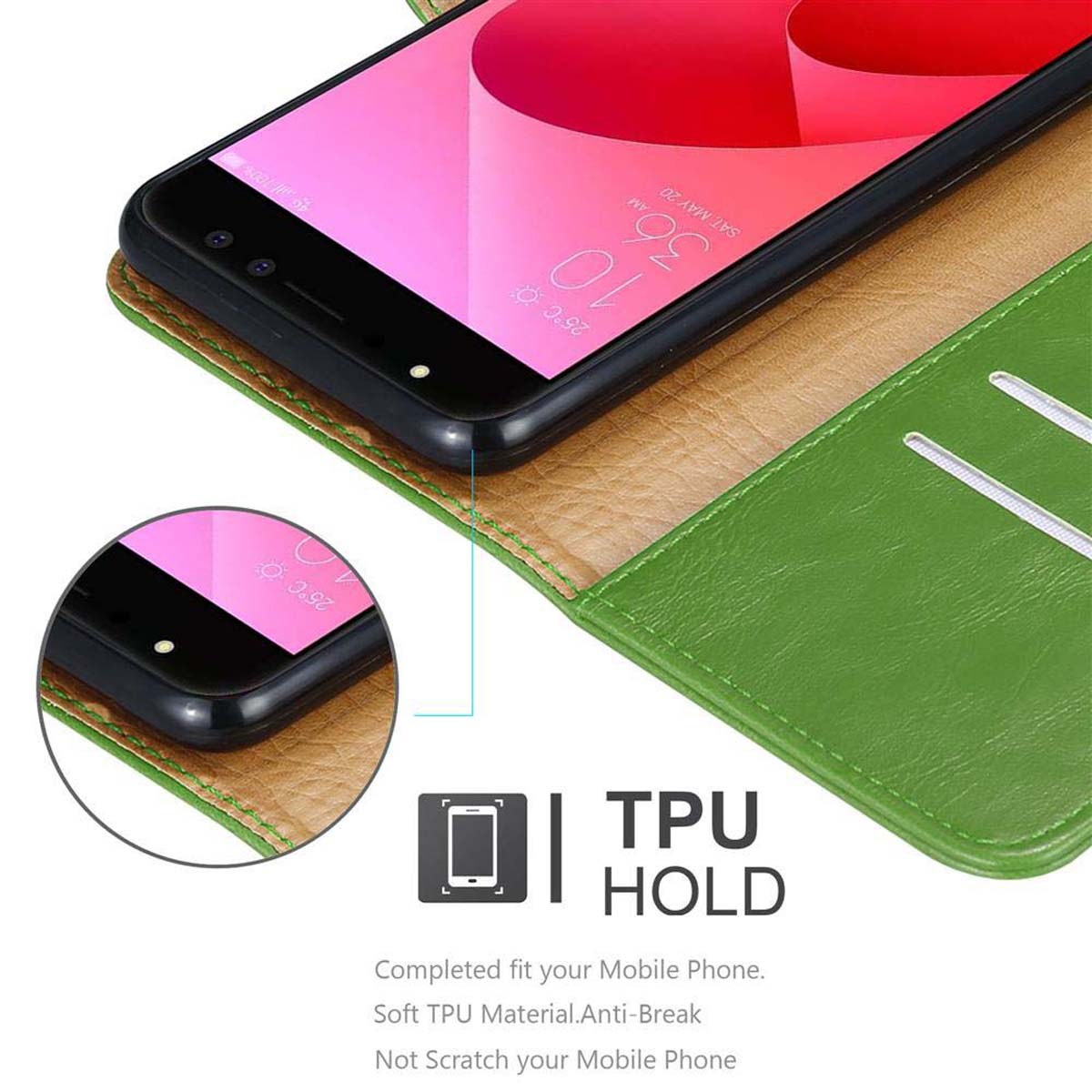 Grüne Handyhülle mit Telefon. Text: TPU HOLD, die Hülle ist grün.