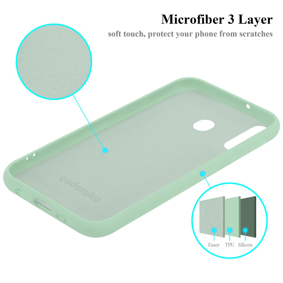 Viene mostrata una custodia per telefono verde chiaro con un design a tre strati.