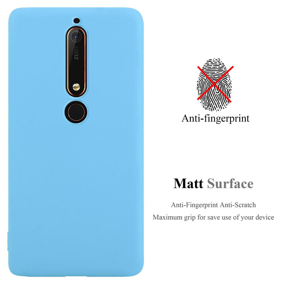 Eine hellblaue Handyhülle mit dem Text 'Anti-Fingerabdruck' und 'Matt Surface'. Ein Fingerabdrucksymbol ist durchgestrichen.
