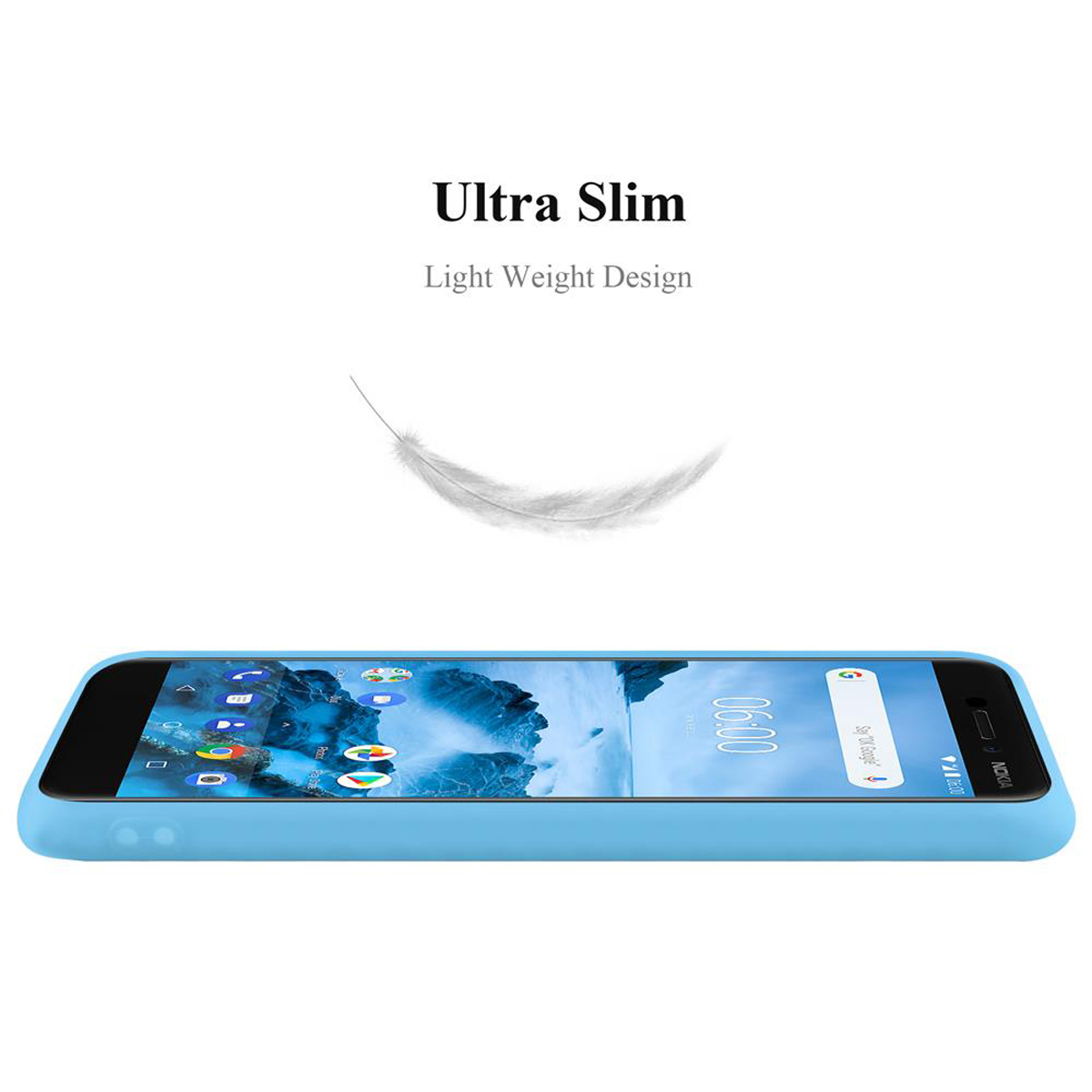 Eine hellblaue Handyhülle mit den Worten Ultra Slim und Light Weight Design und eine Feder.