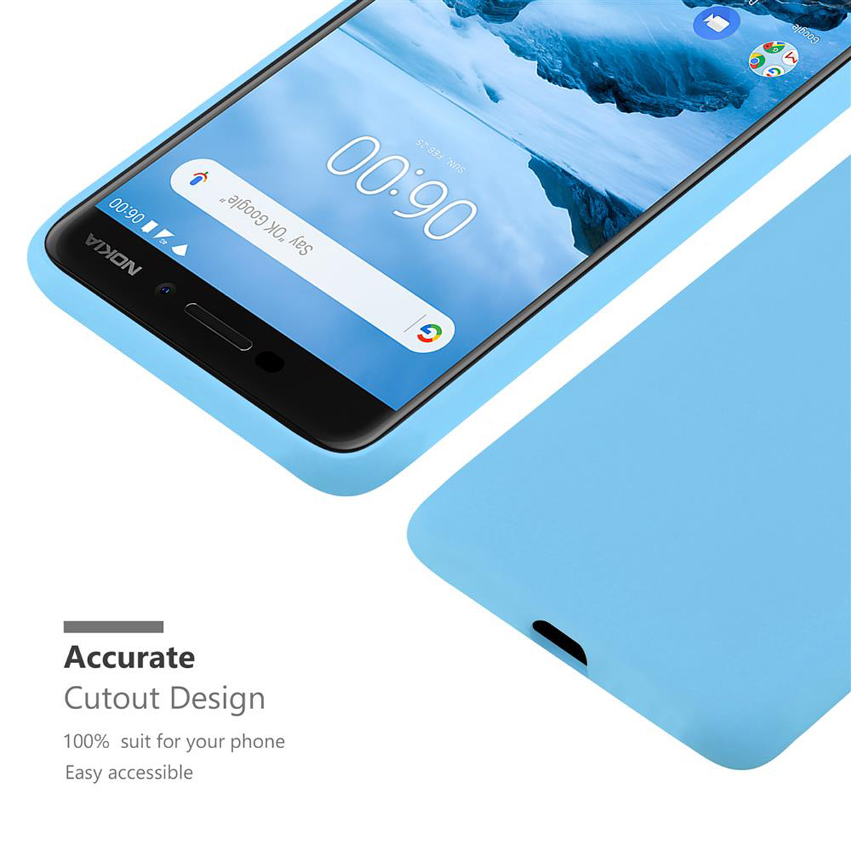 Ein Telefon in einem hellblauen Gehäuse. Zeigt die Uhrzeit und die Google-Suchleiste.