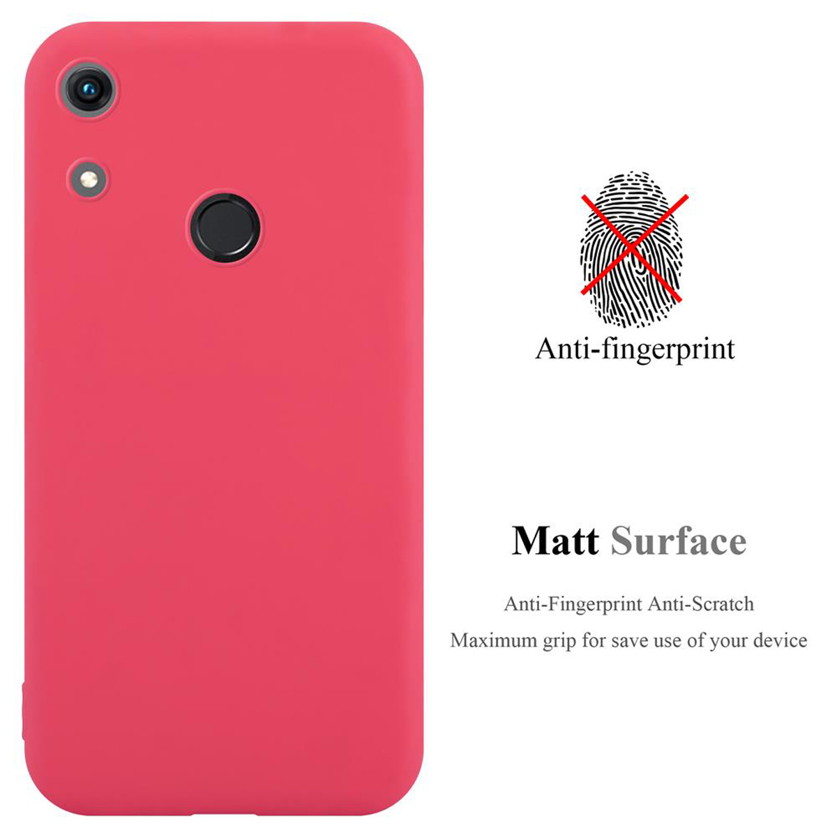 Custodia per telefono rosa con un'icona di impronta digitale rossa sbarrata. La custodia ha una superficie opaca.
