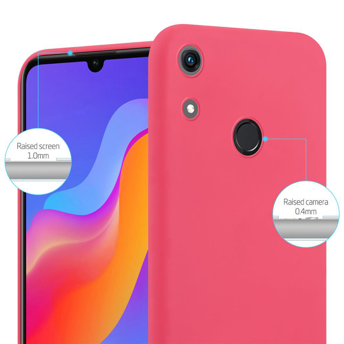 Custodia rosa, schermo e fotocamera rialzati. Il testo evidenzia schermo e fotocamera.