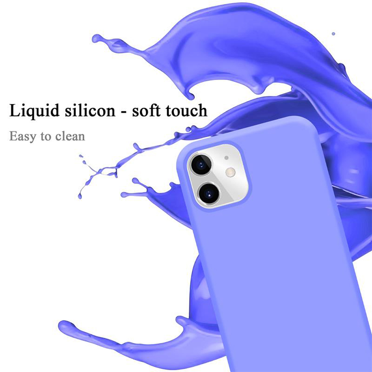 Nahaufnahme einer lilafarbenen Handyhülle. Wasserähnliche Flüssigkeit spritzt um das Telefon.