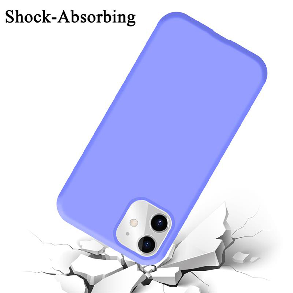 Blaue Handyhülle auf Weiß mit Rissen. Die Worte Shock-Absorbing stehen oben.